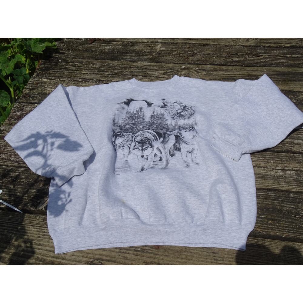 Vtg L XL Nature Wolf Pack Forest Crewneck Sweatshirt Wildlife Animal Graphic